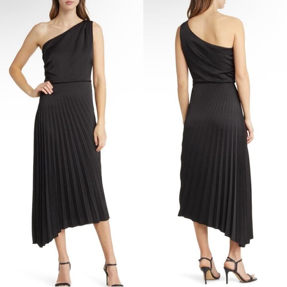 Sam Edelman Dress One Shoulder Pleated Asymmetrical Midi Black NWT 14